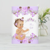 花の紫のプリンセスベイビーシャワー 黒髪の女の子 招待状 (スタンド正面)