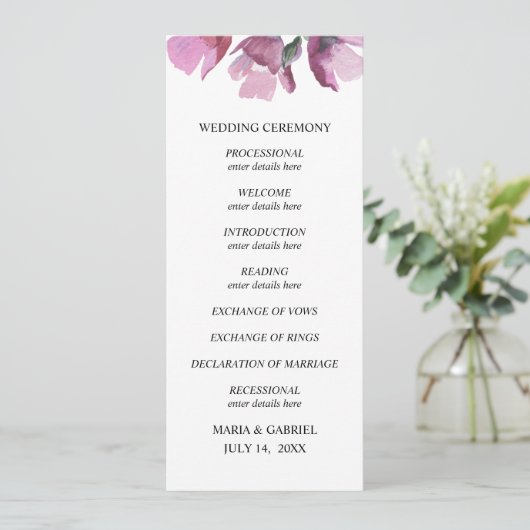 花の紫の水彩画のブーケ　結婚式のプログラム 招待状 (スタンド正面)