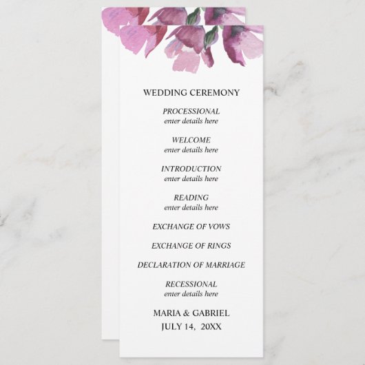 花の紫の水彩画のブーケ 結婚式のプログラム 招待状 (正面/裏面)