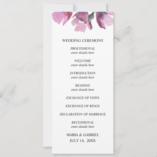 花の紫の水彩画のブーケ　結婚式のプログラム 招待状 (正面)