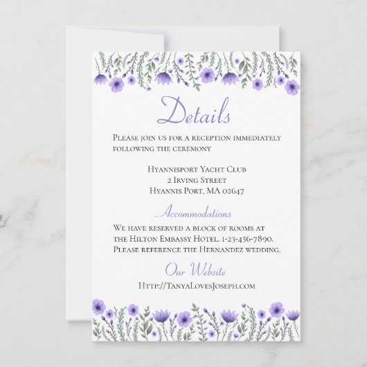 花の紫の花の詳細と方向 結婚式 招待状 (正面)
