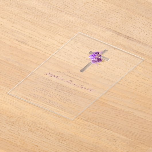 花の紫の金色のバラのクロス 女の子の洗礼 アクリル招待状 (レイダウン)