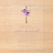 花の紫の金色のバラのクロス 女の子の洗礼 アクリル招待状 (正面)