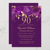 花の紫色の金色のローズ 90歳の誕生日 招待状 (正面/裏面)