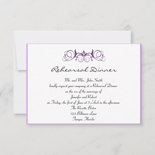 花の結婚式のリハーサルの夕食が付いている紫色のストライプ 招待状 (正面)