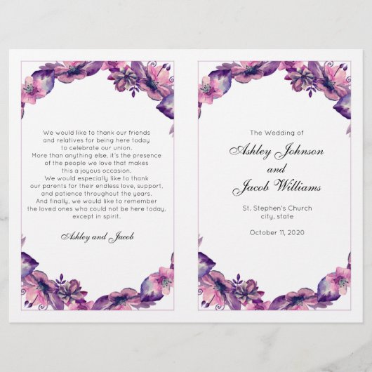 花の結婚式プログラム。紫色の教会の儀式 (正面)