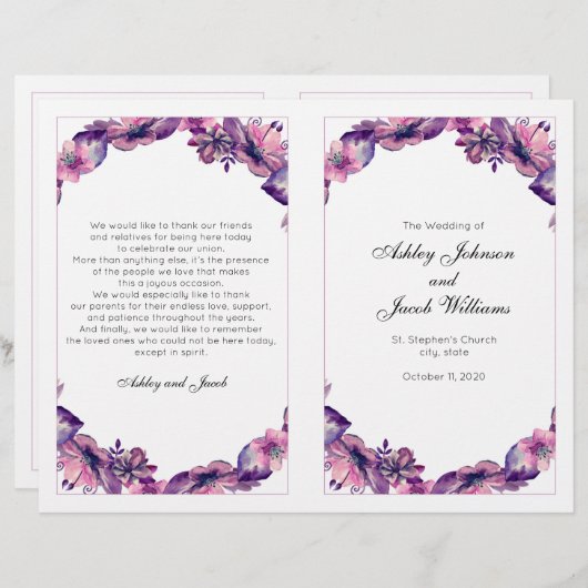 花の結婚式プログラム。紫色の教会の儀式 (正面/裏面)