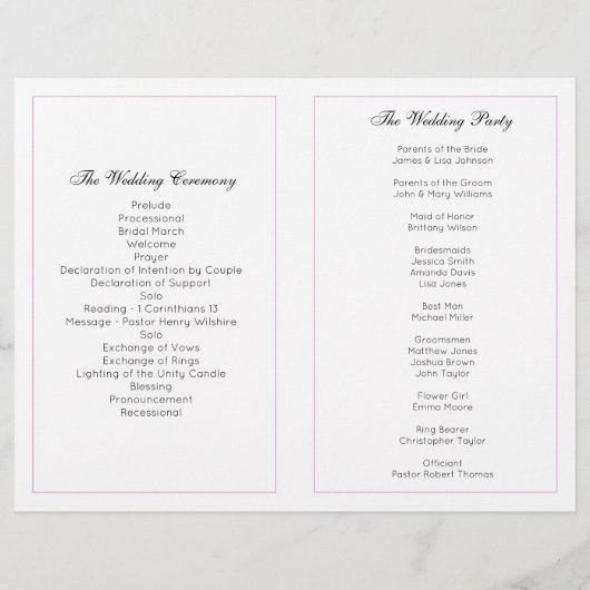 花の結婚式プログラム。紫色の教会の儀式 (裏面)