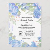 花の結婚式招待状の青い水彩画の花柄 招待状 (正面/裏面)