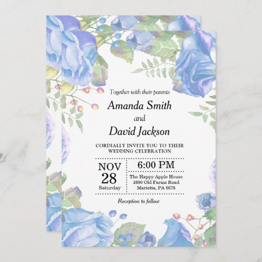 花の結婚式招待状の青い水彩画の花柄 招待状 (正面/裏面)