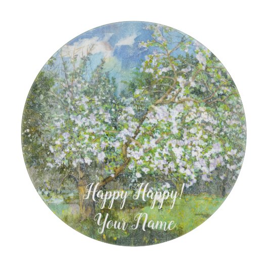 花の絵画咲く庭の水色 カッティングボード (正面)