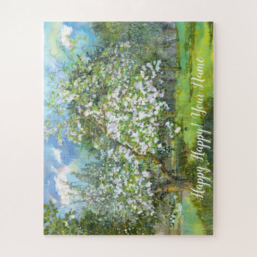花の絵画咲く庭の水色 ジグソーパズル (縦)