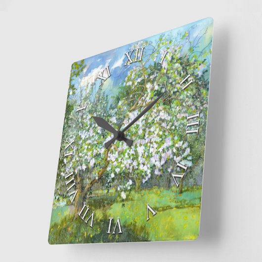 花の絵画咲く庭の水色 スクエア壁時計 (傾斜)