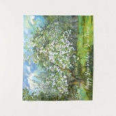 花の絵画咲く庭の水色 タペストリー (正面)