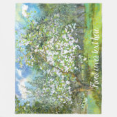 花の絵画咲く庭の水色 フリースブランケット (正面)