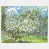 花の絵画咲く庭の水色 フリースブランケット (正面(横))