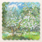 花の絵画咲く庭の水色 ペーパーコースター (正面)