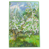 花の絵画咲く庭の水色 ミディアムペーパーバッグ (正面)