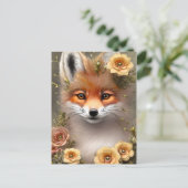 花の絵画間に座っているキツネの ポストカード (スタンド正面)