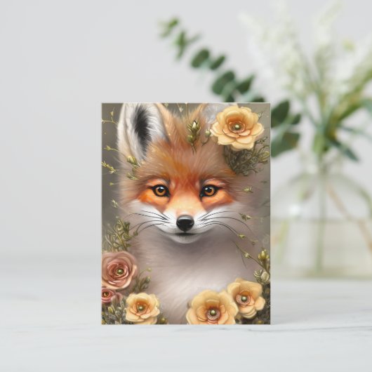 花の絵画間に座っているキツネの ポストカード (スタンド正面)