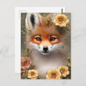 花の絵画間に座っているキツネの ポストカード (正面/裏面)