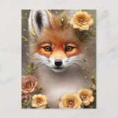 花の絵画間に座っているキツネの ポストカード (正面)