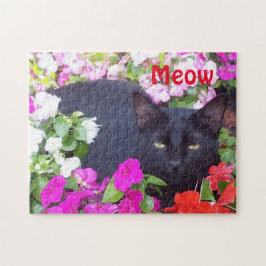 花の緑の瞳を持つ美しい黒猫 ジグソーパズル