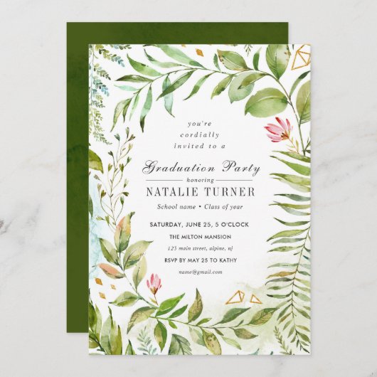花の緑の群葉の卒業のパーティの招待状 招待状 (正面/裏面)