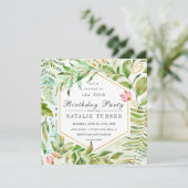 花の緑の群葉の誕生日のパーティの招待状 招待状 (スタンド正面)
