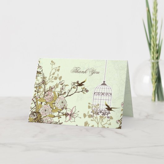 花の緑の鳥籠、愛鳥は感謝していしています サンキューカード (正面)