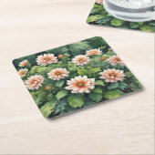 花の緑エレガント水色 スクエアペーパーコースター (アングル)
