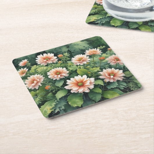 花の緑エレガント水色 スクエアペーパーコースター (アングル)