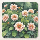 花の緑エレガント水色 スクエアペーパーコースター (正面)