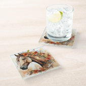 花の美しいかわいらし馬の水彩 ガラスコースター (アングル)