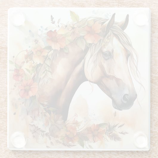 花の美しいかわいらし馬の水彩 ガラスコースター (裏面)