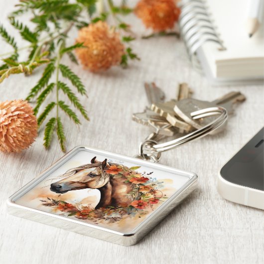 花の美しいかわいらし馬の水彩 キーホルダー (側面)