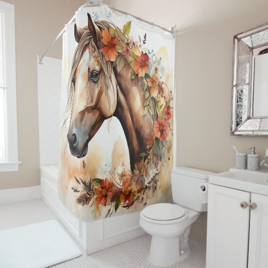 花の美しいかわいらし馬の水彩 シャワーカーテン (インサイチュ)