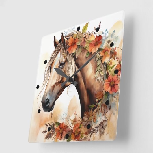 花の美しいかわいらし馬の水彩 スクエア壁時計 (傾斜)
