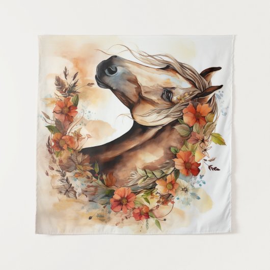 花の美しいかわいらし馬の水彩 タペストリー (正面(横))