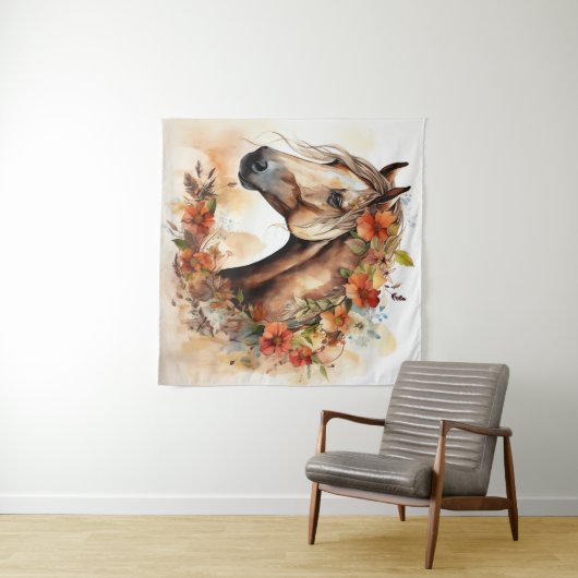 花の美しいかわいらし馬の水彩 タペストリー (インサイチュ(横))