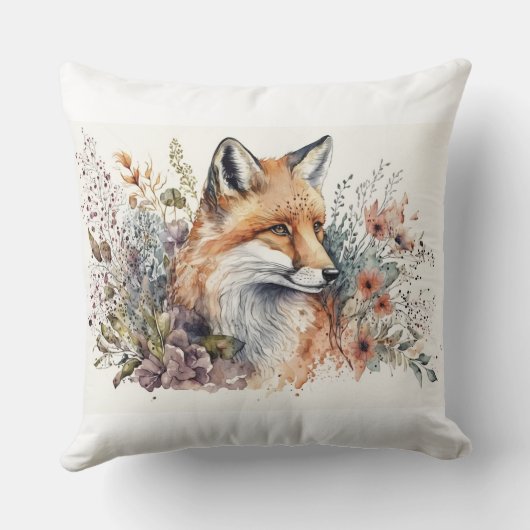 花の美しい絵を描水色の赤いキツネ クッション (裏面)