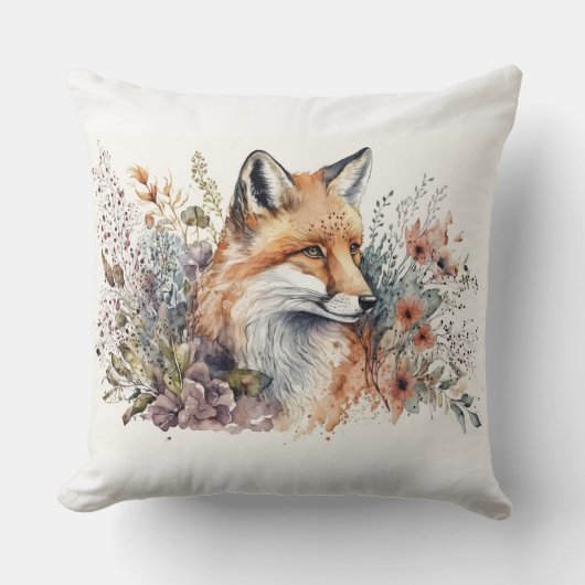 花の美しい絵を描水色の赤いキツネ クッション (正面)