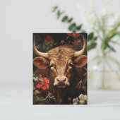 花の美しい茶色の牛 ポストカード (スタンド正面)