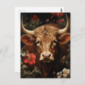 花の美しい茶色の牛 ポストカード (正面/裏面)