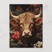 花の美しい茶色の牛 ポストカード (正面)