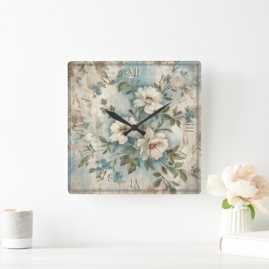 花の美しい – みすぼらしいシックなヴィンテージ スクエア壁時計 (ホーム)