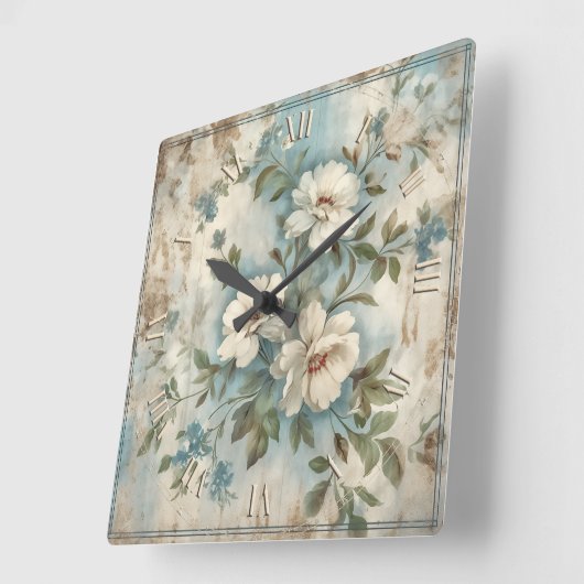 花の美しい – みすぼらしいシックなヴィンテージ スクエア壁時計 (傾斜)