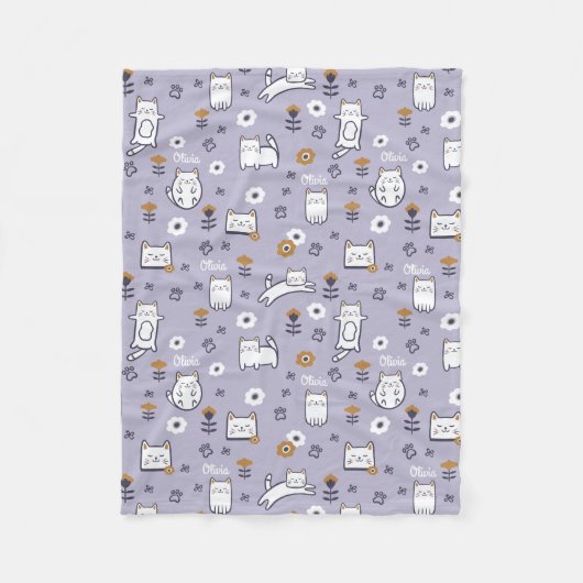 花の群葉の甘く小さい子猫の子ネコパターン フリースブランケット (正面)