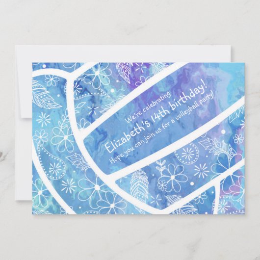 花の羽のパイズパターン青バレーボール 招待状 (正面)