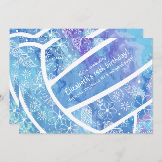 花の羽のパイズパターン青バレーボール 招待状 (正面/裏面)